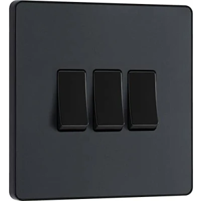 Image of BG Electrical Triple Wall Light Switch, 2 Way, Screwless Front Plate, Round Edges, Evolve, Matt Grey, 20A, 16AX, PCDMG43B