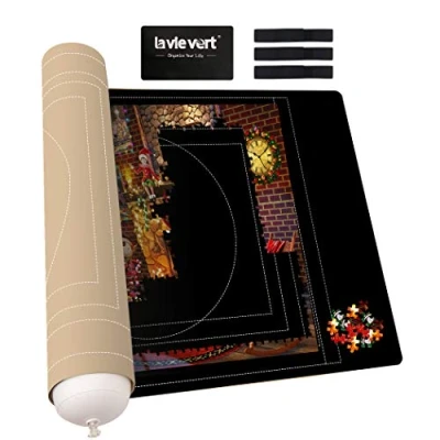 Image of LAVIEVERT Jigsaw Puzzle Roll Up Mat 1500 Pieces, Storage with Bag, Foldable Sorter Play Black &amp; Khaki