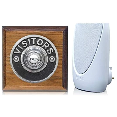 Image of Byron 100m Wireless Period Plug in Doorbell kit Push on Plinth (Tudor Visitor Chrome)