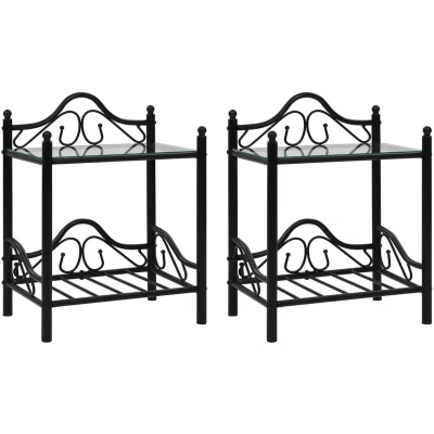 Image of vidaXL Bedside Tables Set of 2 Modern Steel Tempered Glass Shelves Nightstands Black (45x30.5x60cm)