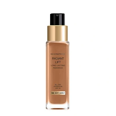Image of Max Factor Radiant Lift Liquid Pump Medium to Full Coverage Finish Foundation with SPF30 and Hyaluronic Acid, 100 Soft Sable, Dark Skin Tone, 30ml