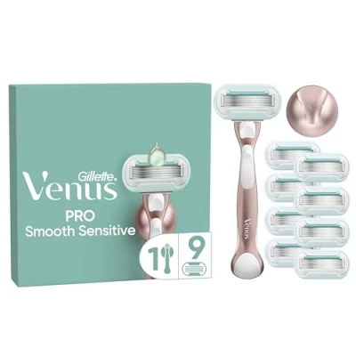 Image of Gillette Venus Deluxe Smooth Sensitive Rose Gold Women&#039;s Razor + 9 Blade Refills, 5 Diamond‐Like Coated Blades