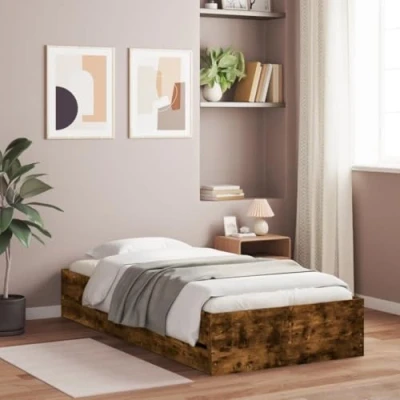 Image of vidaXL Single Bed Frame with Drawers Smoked Oak, Engineered Wood, Plywood Slats, Storage Function, Modern Style for Bedrooms