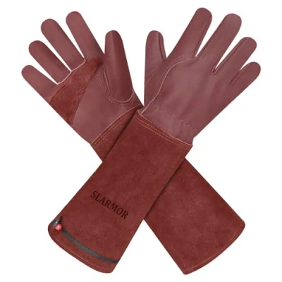 Image of SLARMOR Leather Gardening Gloves for Women/Men Thorn Proof Cowhide Rose/Blackberry Pruning Heavy Duty Garden Thick Palm Gauntlet Work with Forearm Protection