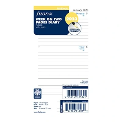 Image of Filofax Refill, Personal/Compact Size, Week to View, White Paper, Ruled, English, 2023 (C68418 23) (68418 2018)