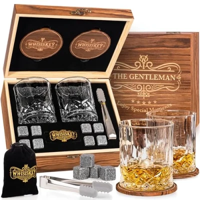 Image of Whisiskey Whiskey Glass Set Gift Sets for Men Whisky Birthday Gifts Rum Tumblers Mens with 2 Glasses, 4 Stones, Accessories