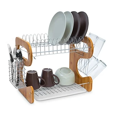 Image of Relaxdays Draining 2 Levels Large Kitchen Rack Bamboo Drip Tray and Cutlery Basket Dish Drainer Metal, Brown/Silver, 26.5 x 40 33.5 cm