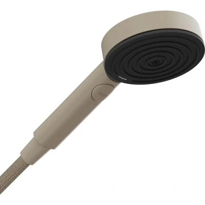 Image of hansgrohe Pulsify Planet Edition water saving shower head 5,7l/min (EcoSmart+), hand round (⌀ 105 mm) with 3 sprays (Relaxation version), anti limescale function, sand, 26077210