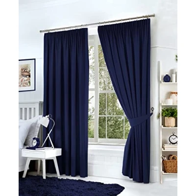 Image of Hachette Thermal Blackout Curtains Pencil Pleat Tape Top Including Pair of Tiebacks (Navy Blue, 46&quot; X 72&quot;)