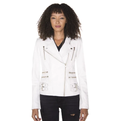 Image of Ladies Retro White 100% Nappa Leather Biker Jacket 5XL