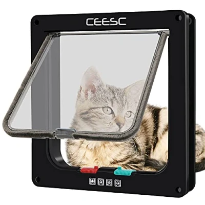 Image of CEESC Cat Flap Door Magnetic Pet With 4 Way Lock for Cats, Kitties and Kittens, 3 Sizes 2 Colors Options (L: 9.25&quot;(W) x 9.84&quot;(H) 2.17&quot;(D), Black)