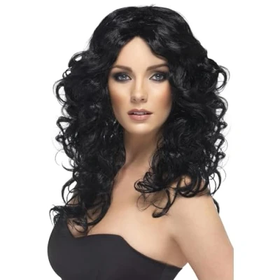 Image of Smiffys Glamour Wig, Black Long, Curly, Ladies Wigs Fancy Dress, Adult Dress Up