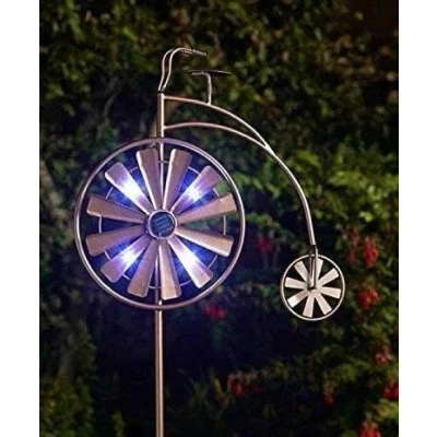 Image of Garden Mile Solar Powered Wind Spinner Extra Large Sculpture LED Light Decoration Multi Colour Kinetic Ground Stake Ornament (Penny Farthing)