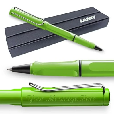 Image of Lamy Safari Rollerball Pen with personalized engraving. Ergonomic grip, medium line width, robust ASA plastic, includes blue M 63 refill, and comes gift boxed. (Green)
