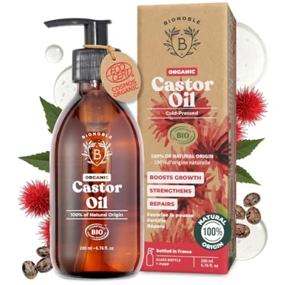 Image of Bionoble Organic Castor Oil 200ml 100% Pure, Natural and Cold Pressed Lashes, Eyebrows, Body, Hair, Beard, Nails Vegan Cruelty Free Glass Bottle + Pump