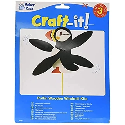 Image of Baker Ross FE202 Puffin Wooden Windmill Kits Pack of 3, for Kids Arts and Crafts Projects, Children to Decorate, Personalise Display