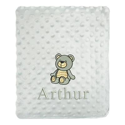 Image of JJLC Personalised Baby Bobble Blanket Embroidered Bear &amp; Name Soft Fleece Wrap (Grey Bobble)