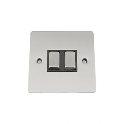 Image of Light Switch Double 2 Gang Satin Matt Chrome Flat Black Insert Metal Rocker 10 Amp Way