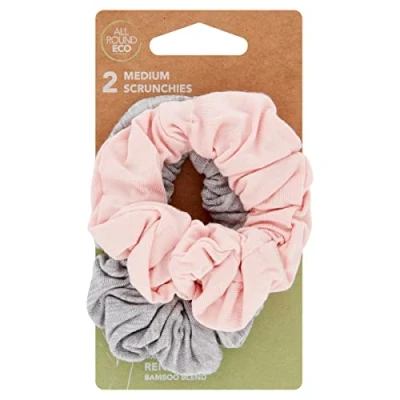 Image of All Round Eco, Medium Soft Hair Scrunchies, Renewable Bamboo, Pack of 2, Pink &amp; Grey