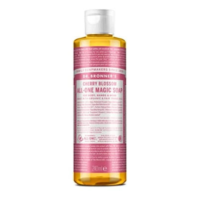 Image of Dr Bronner&#039;s 18 in 1 Cherry Blossom Pure Castile Liquid Soap, Made with Organic Oils, Used for Face, Body, Hair, Laundry, Pets and Dishes, Certified Fair Trade &amp; Vegan Friendly, 240ml Recycled Bottle