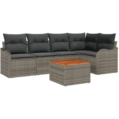 Image of vidaXL 6 Piece Garden Sofa Set with Cushions Grey Poly Rattan Acacia