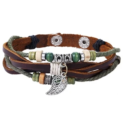 Image of Morella Women&#039;s Bracelet Leather Wooden Beads and Leaf Charm