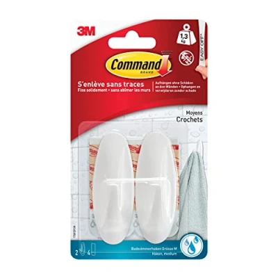Image of Command W17082 Plastic Hooks, Waterproof S (Oval, 500 g) 2 Hooks and 4 Strips White Oval Medium
