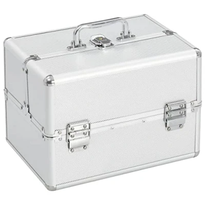 Image of VidaXL Silver Aluminium Make up Case 22x30x21 cm Compact Cosmetic and Beauty Product Organizer with Lockable Security, Portable Carrying Handle