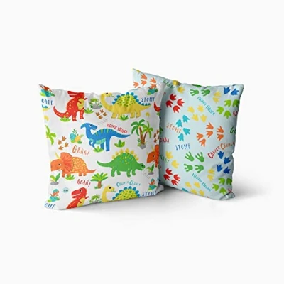 Image of Happy Linen Company Girls Boys Kids Dinky Dinosaurs White Multicolour Square 43cm x Reversible Cushion Covers
