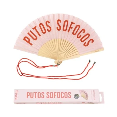 Image of Fisura Original handheld folding Fan with the message in Spanish. Wooden fan. holding Hand Fans. hanger included (Sofocos, pink)