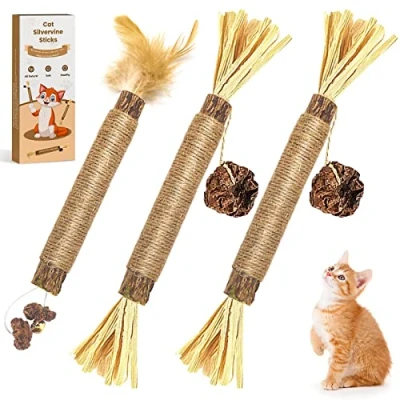 Image of Aucenix Catnip Chew Sticks for kitten, Natural Matatabi Silvervine Cat Toy Teeth Cleaning, Cats Toys with Catnip, Dental kitten Indoor (Brown 3pcs)