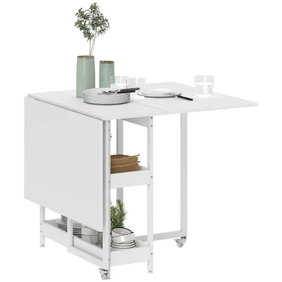 Image of HOMCOM Industrial Folding Dining Table, Drop Leaf Table with Open Compartments for Small Spaces, Kitchen, Room, White