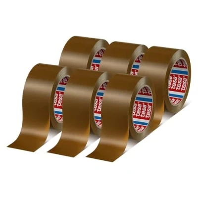 Image of tesa tesapack 4124 PVC Parcel Tape in Pack of 6 Premium Adhesive for Packaging Parcels and Boxes Brown Rolls Each 66 m x 50 mm
