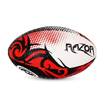 Image of Optimum Razor Rugby Ball Perfect for Training &amp; Gameplay, Great Flight Air Retention, Rubber Dimpled Surface Grip, 2 Ply 410g Black/Red, Size 4