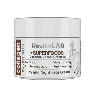 Image of RevitaLAB Day and Night Collagen Anti Ageing Moisturiser, Enriched with Hyaluronic Acid, Superfoods, Vitamins a UVA/UVB Filter, for Ages 30 45, 50 ml