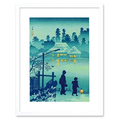 Image of Wee Blue Coo Takahashi Shotei Japanese House Lake Artwork Framed Wall Art Print 12X16 Inch