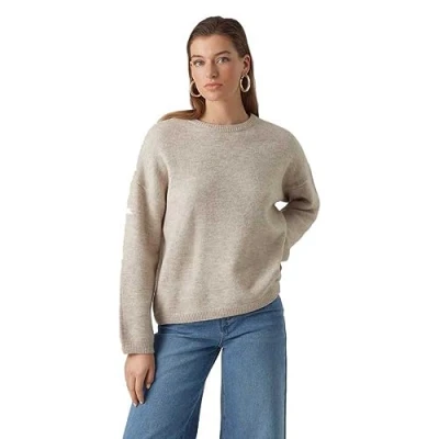 Image of VERO MODA Women&#039;s Vmgemma Ls O Neck Knit VMA Noos Sweater, Plaza Taupe, L