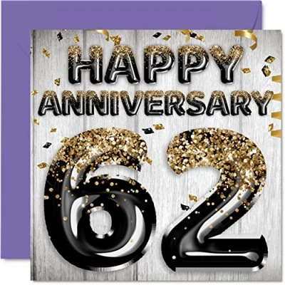 Image of Awesome 62nd Anniversary Card for Husband Boyfriend Wife Girlfriend Black Gold Glitter Balloons Happy 62 Cards from Family, 145mm x Greeting Sixty Second Anniversaries