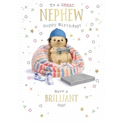 Image of Words &#039;n&#039; Wishes Great Nephew Large Birthday Card for Boys Gaming Hedgehog in Basketball Cap with Embossed Foil Details Eco Friendly