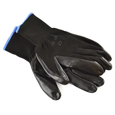 Image of Dunnet Tools Large 10.5&quot; Black Coated Work Gloves Lightweight Nylon and PE Nitrile Grip Scratch Resistant Safety Hand Protective Equipment for Building, Construction or Warehousing