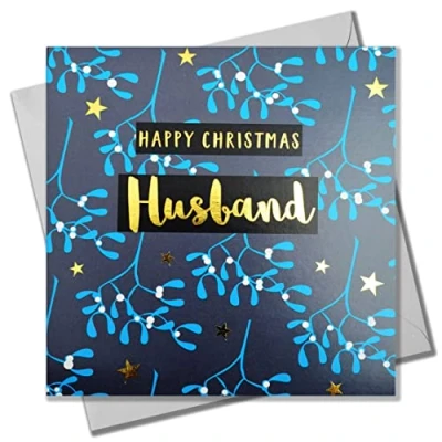 Image of Christmas Card, Husband Blue Mistletoe, text foiled in shiny gold