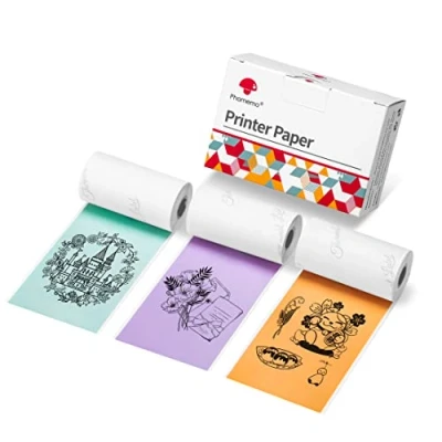 Image of Phomemo 53mm Color Printer Paper for M02/M02S/M02Pro/M03/M03AS/M04S/M04AS Mini Pocket Printer, 3 Rolls of Self Adhesive Thermal Sticker Paper, x 3.5m, 20 Years, Purple/Green/Orange