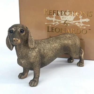 Image of Lesser &amp; Pavey Leonardo Dachshund figurine Reflections Bronze Sausage Dog lover gold gift box