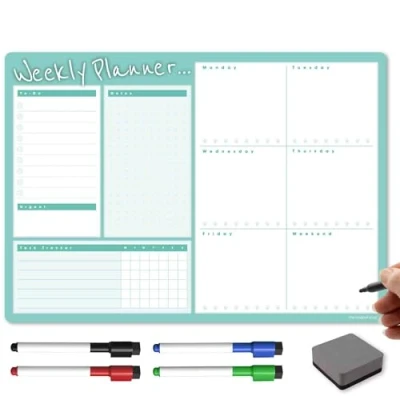 Image of TMS A3 Weekly Planner Whiteboard Magnetic Calendar for Fridge and Dry Wipe Pens Meal or Family Kitchen (Mint, WP3)
