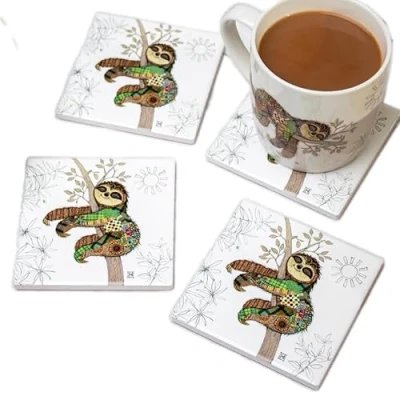 Image of Set Of 4 Ceramic Coasters Sloth Bug Art Square Drinks Mats Non Slip Cork Back