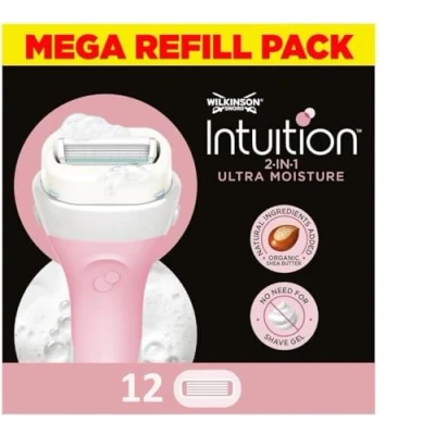 Image of WILKINSON SWORD Intuition Ultra Moisture Blades For Women No Shave Gel Needed Pack of 12 Razor Blade Refills