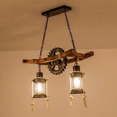 Image of Wooden Antique Pendant Light Vintage Hanging E27 Dining Table Room Chandelier Industrial Metal Lamp Retro Rustic Country House Bedroom Living Ceiling Lights 2 Flames
