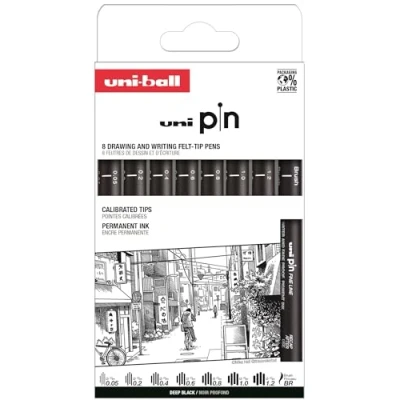 Image of Uni Ball 8 Piece Pin Case of Calibrated Markers 0.05 to 1.2 mm Black Classic Set II