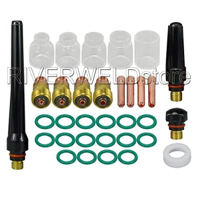 Image of RIVERWELD TIG Stubby Gas Lens Collet Insulated Glass Cup #4#5#6#7#8#10#12 Assorted Size Kit WP 17 18 26 Welding Torch 33pcs
