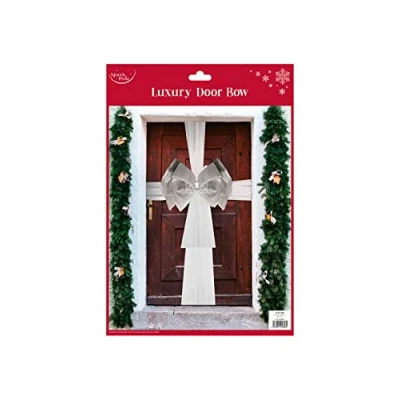 Image of Eurowrap Luxury Silver &amp; White Christmas Door Bow Large Elegant Decorative Front Entrance Great for Festive Parties Weddings